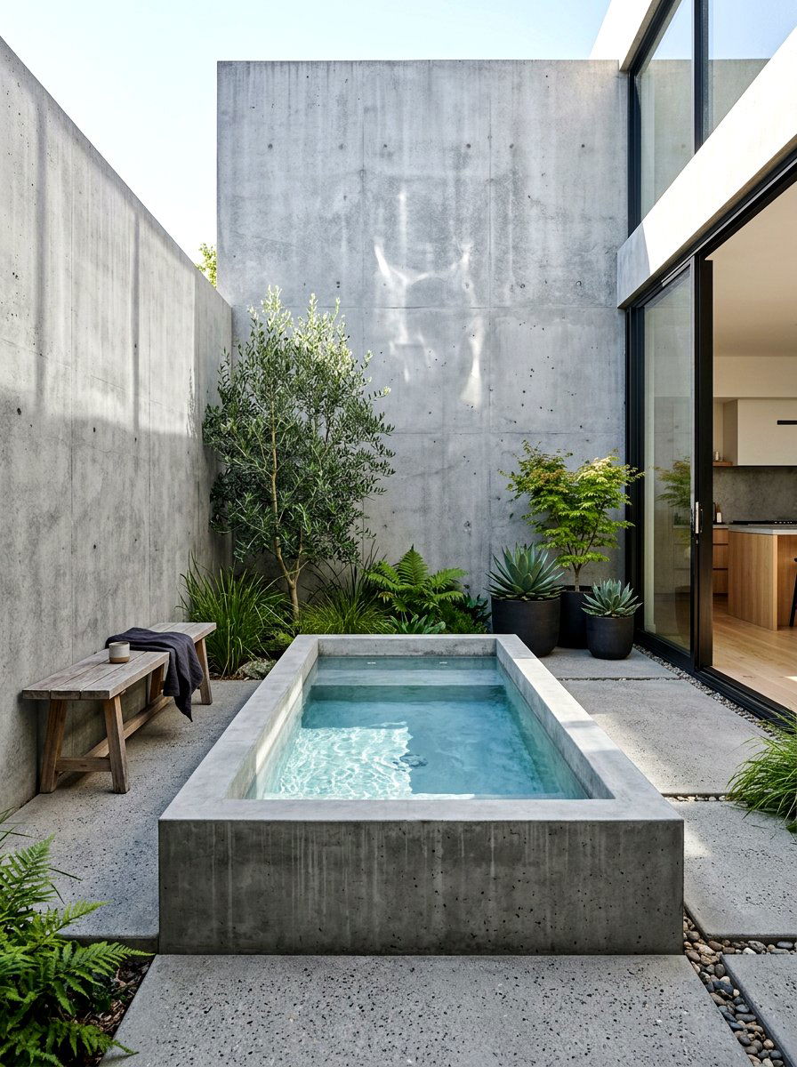 Minimalist concrete cold tub - 30 cold plunge bath ideas