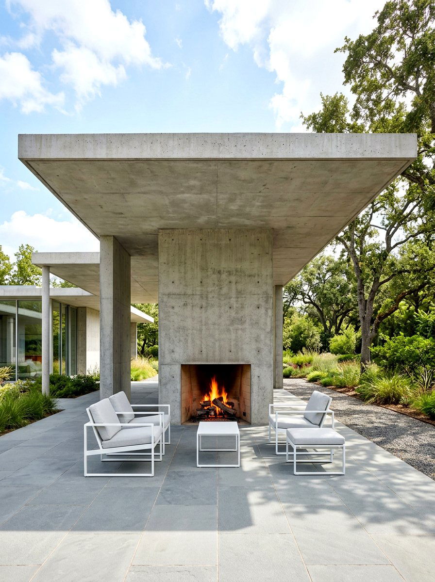 Minimalist concrete fireplace pavilion - 30 pavilion fireplace ideas