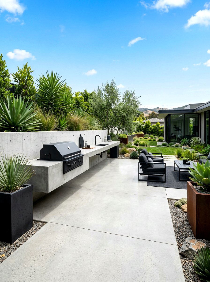 Minimalist concrete patio - 30 family BBQ patio ideas