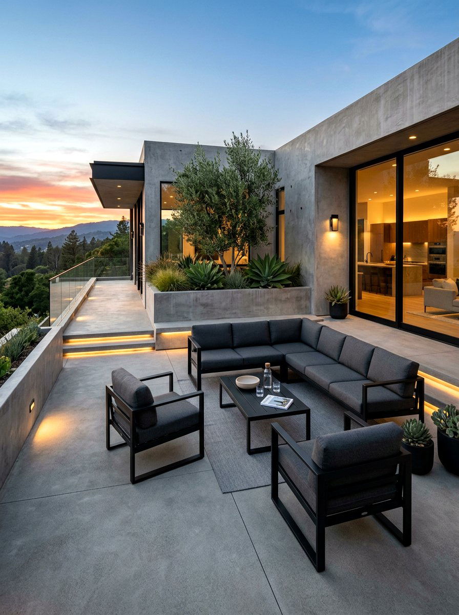 Minimalist concrete patio lounge - 30 starlit patio hosting ideas