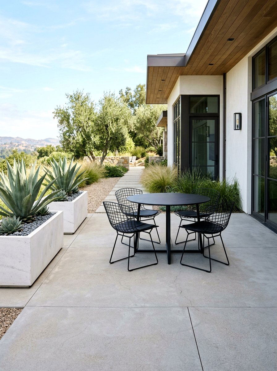 Minimalist concrete patio with black furniture - 30 black and white patio ideas