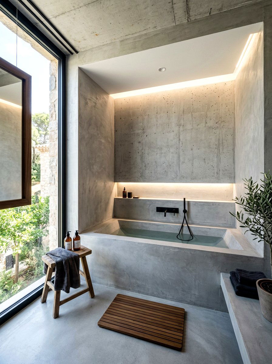 Minimalist concrete tub nook - 30 tub nook bathroom ideas