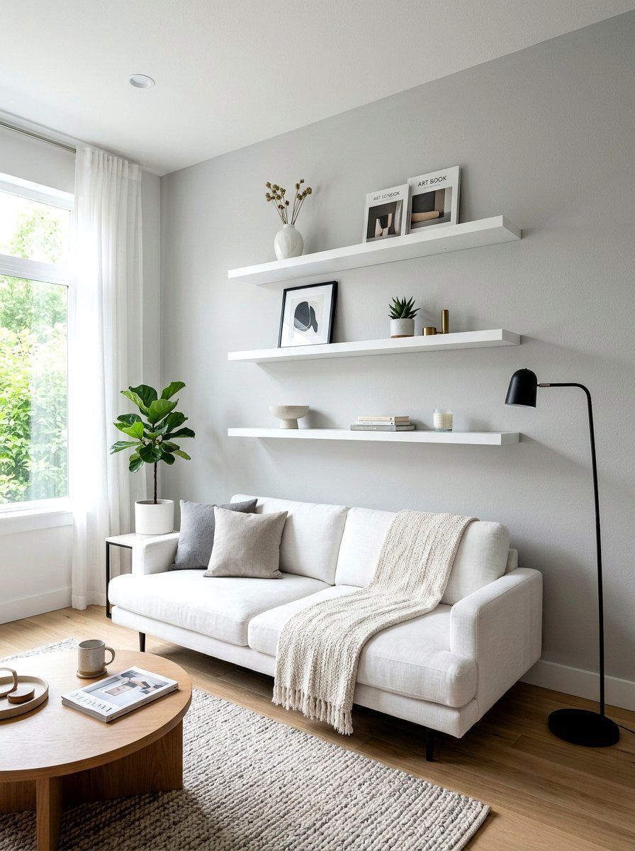 Minimalist floating shelf living room - 30 family friendly living room ideas