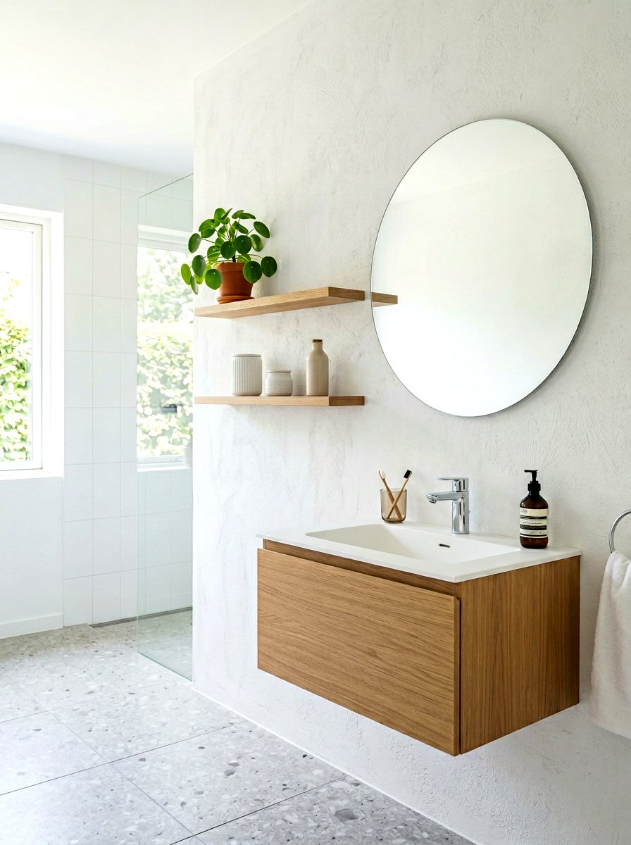 Minimalist floating shelves - 30 serene bathroom decor ideas