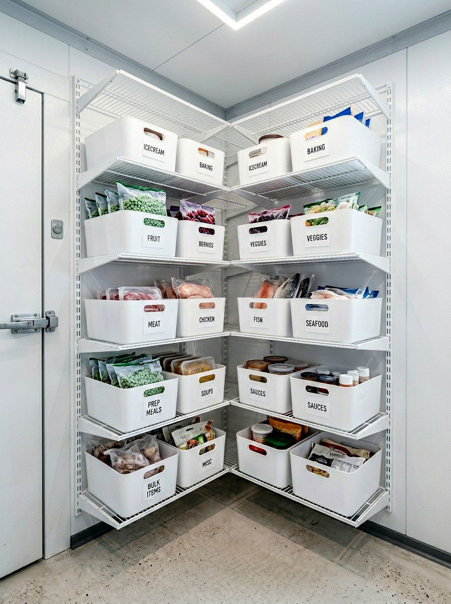 Minimalist freezer corner with white shelves - 30 garage freezer corner ideas