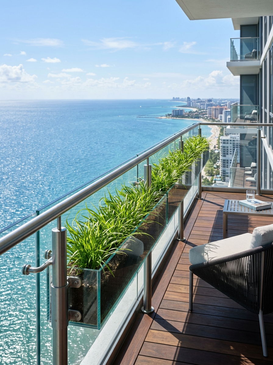 Minimalist glass railing planter - 30 railing planter ideas