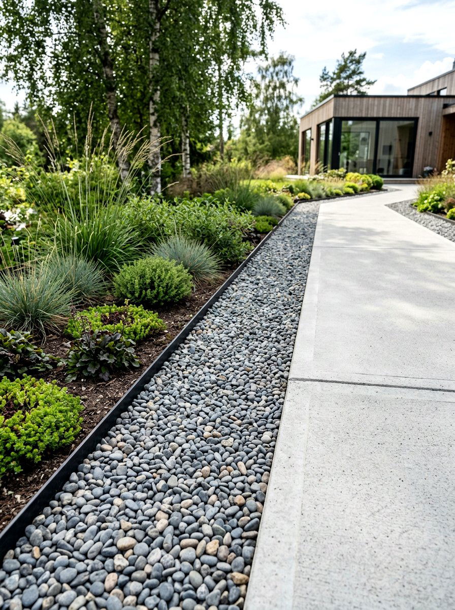 Minimalist gray gravel edge - 30 stone edging front yard ideas