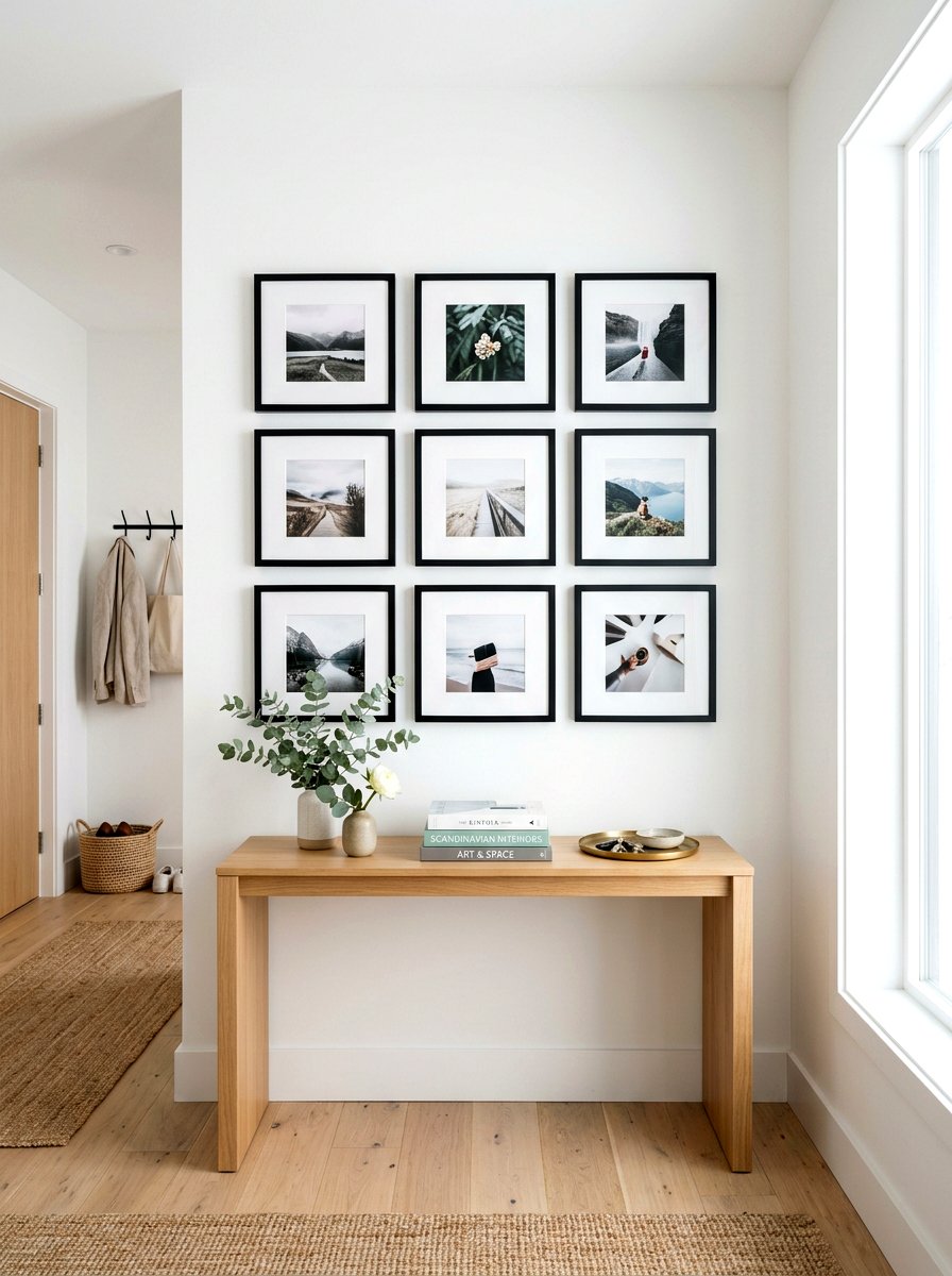 Minimalist grid photo display - 30 salon wall entry ideas