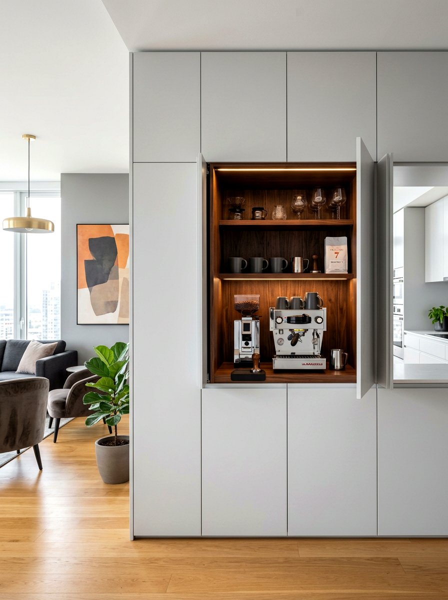 Minimalist handleless coffee cabinet - 30 hidden coffee pantry ideas