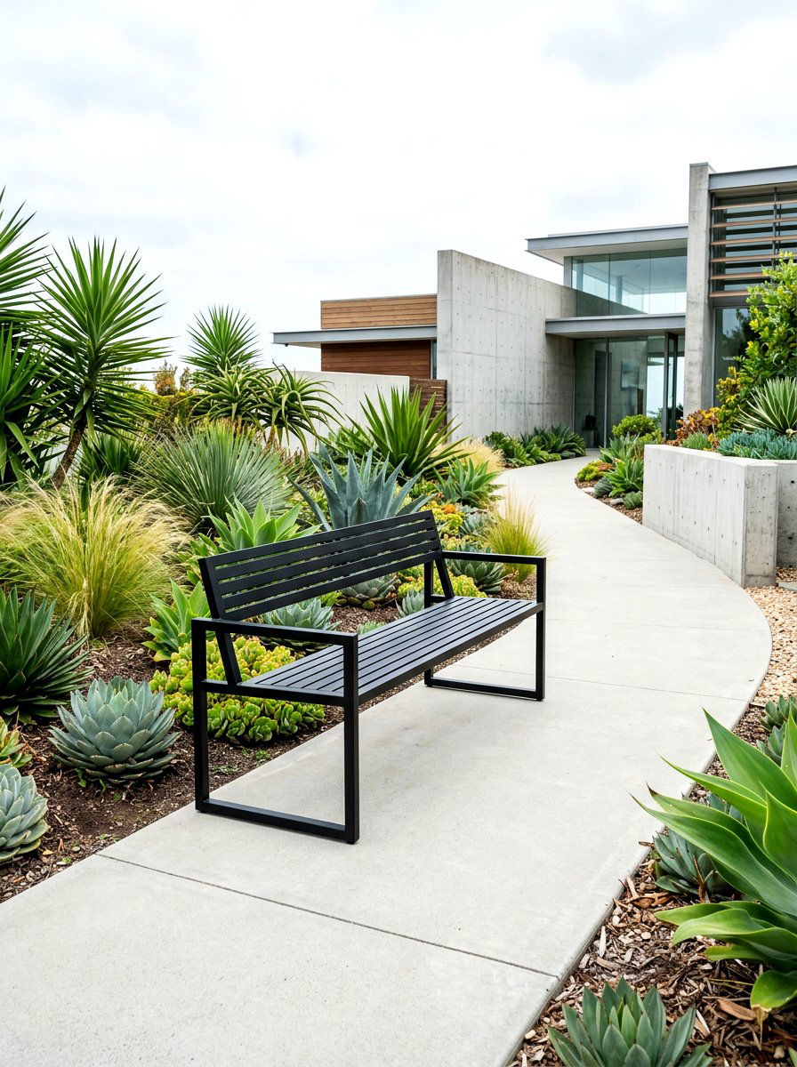 Minimalist metal bench - 30 front yard seating ideas