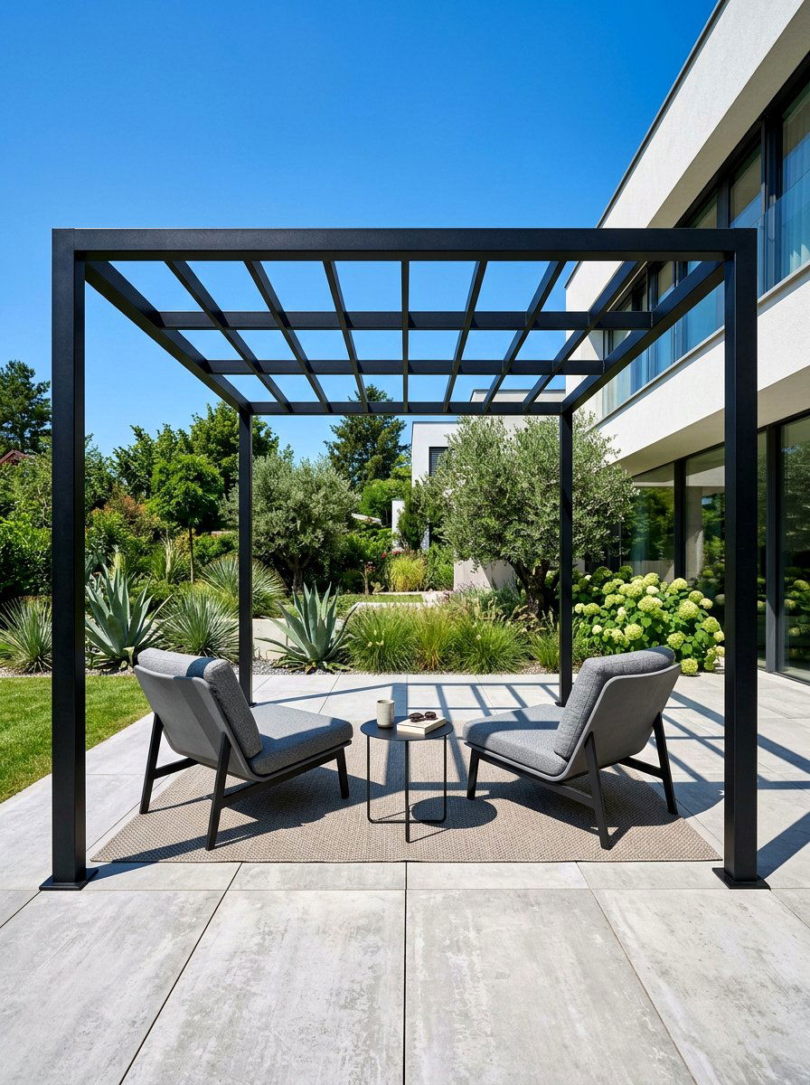 Minimalist metal pergola design - 30 open pergola seating ideas
