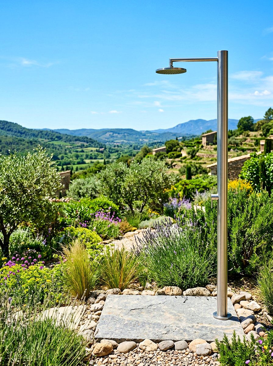 Minimalist metal shower - 30 outdoor shower summer ideas