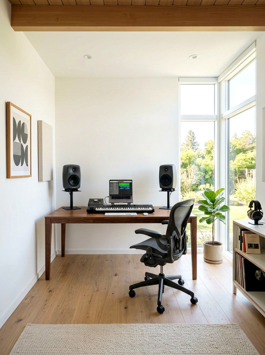 Minimalist music workstation layout - 30 recording room ideas