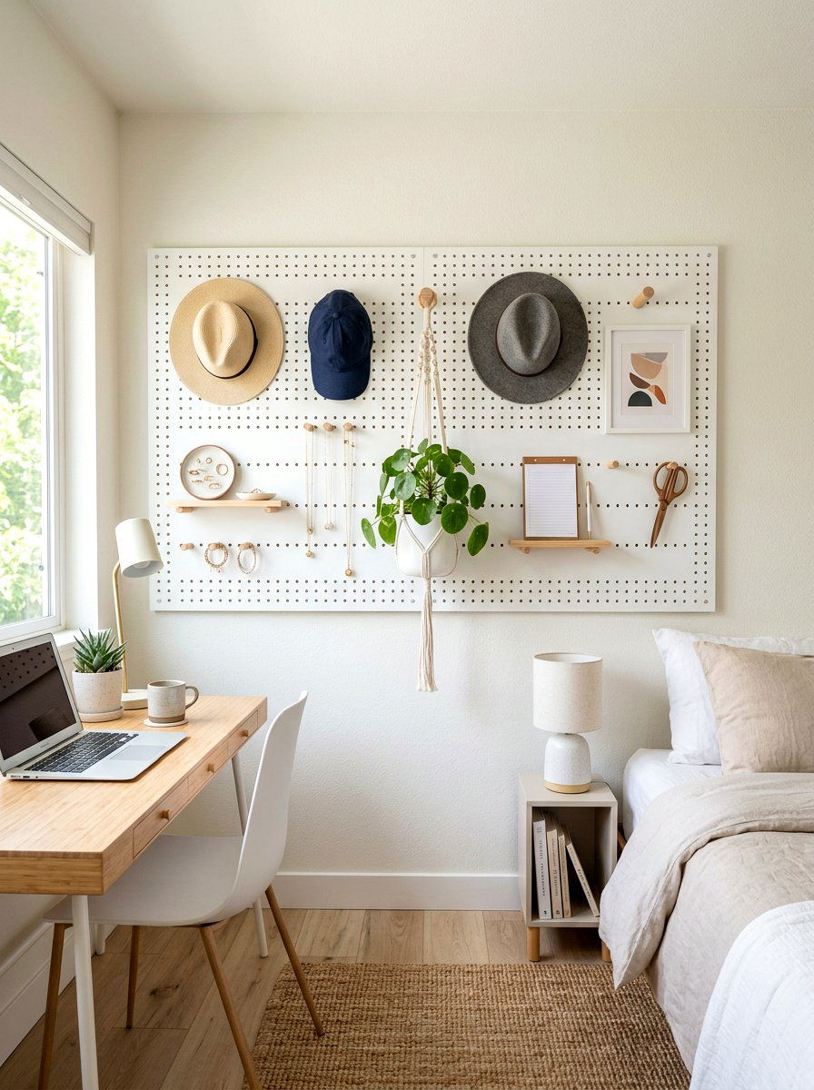 Minimalist pegboard wall - 30 minimalist bedroom storage ideas
