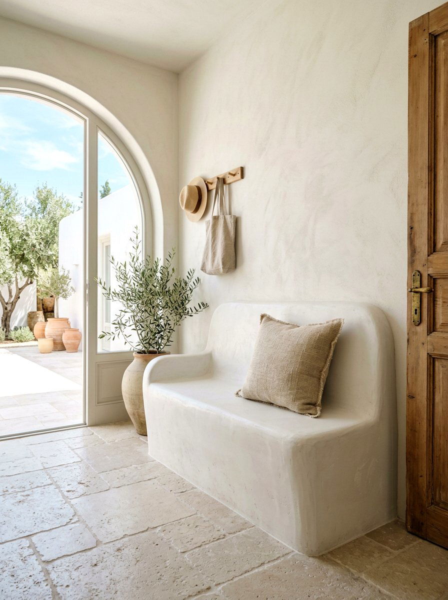 Minimalist plaster entry bench - 30 sculptural entry bench ideas