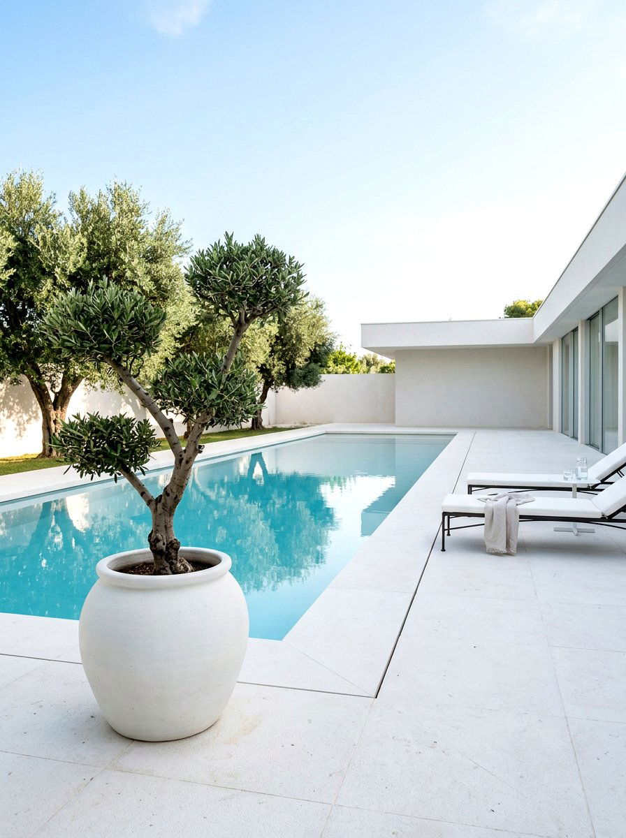 Minimalist pool deck with olive trees - 30 poolside olive trees ideas