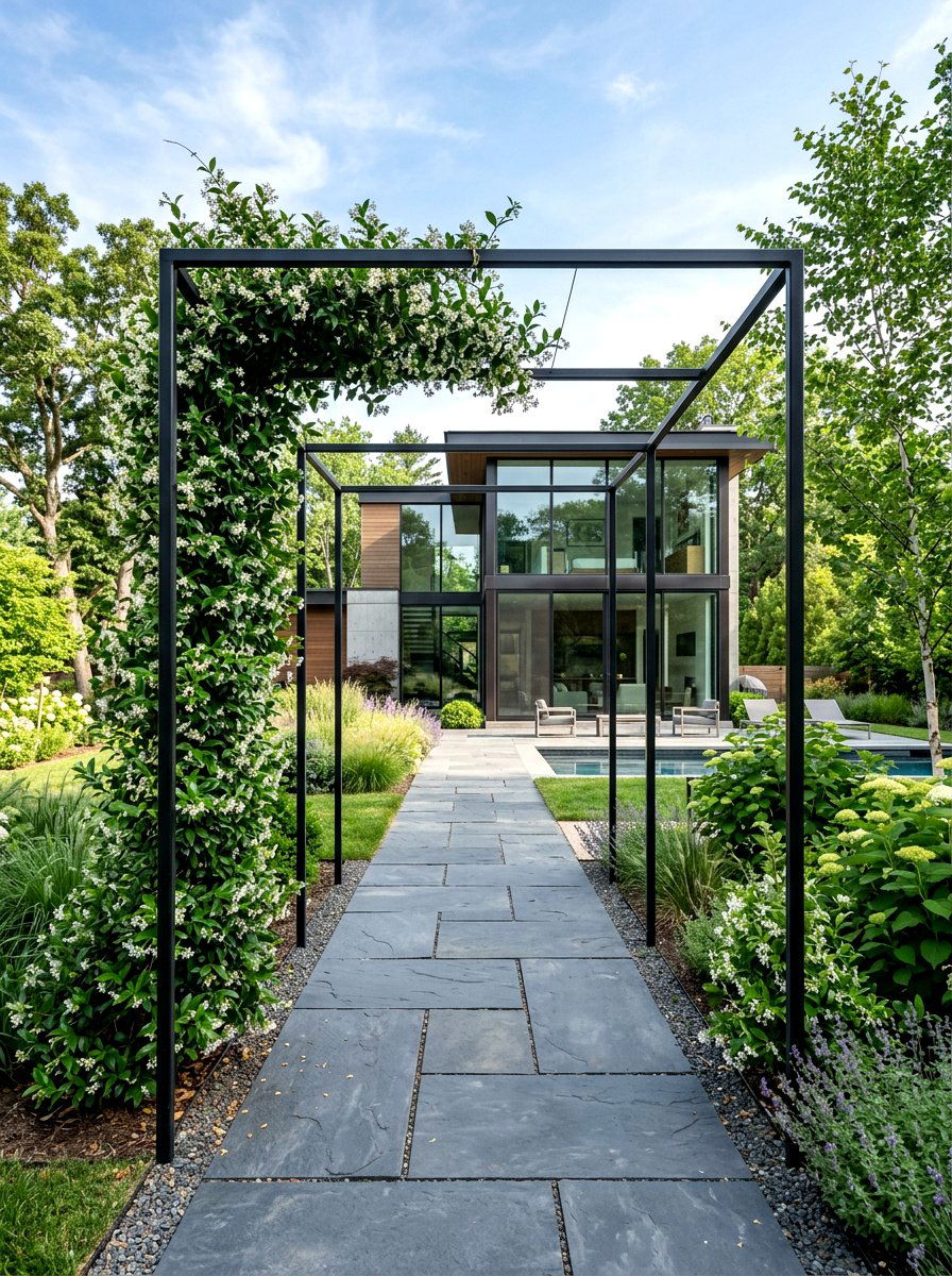 Minimalist steel frame arbor - 30 arbor entry exterior ideas