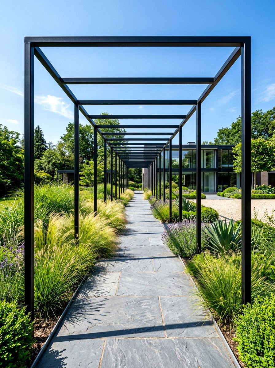 Minimalist steel frame walkway pergola - 30 pergola walkway ideas