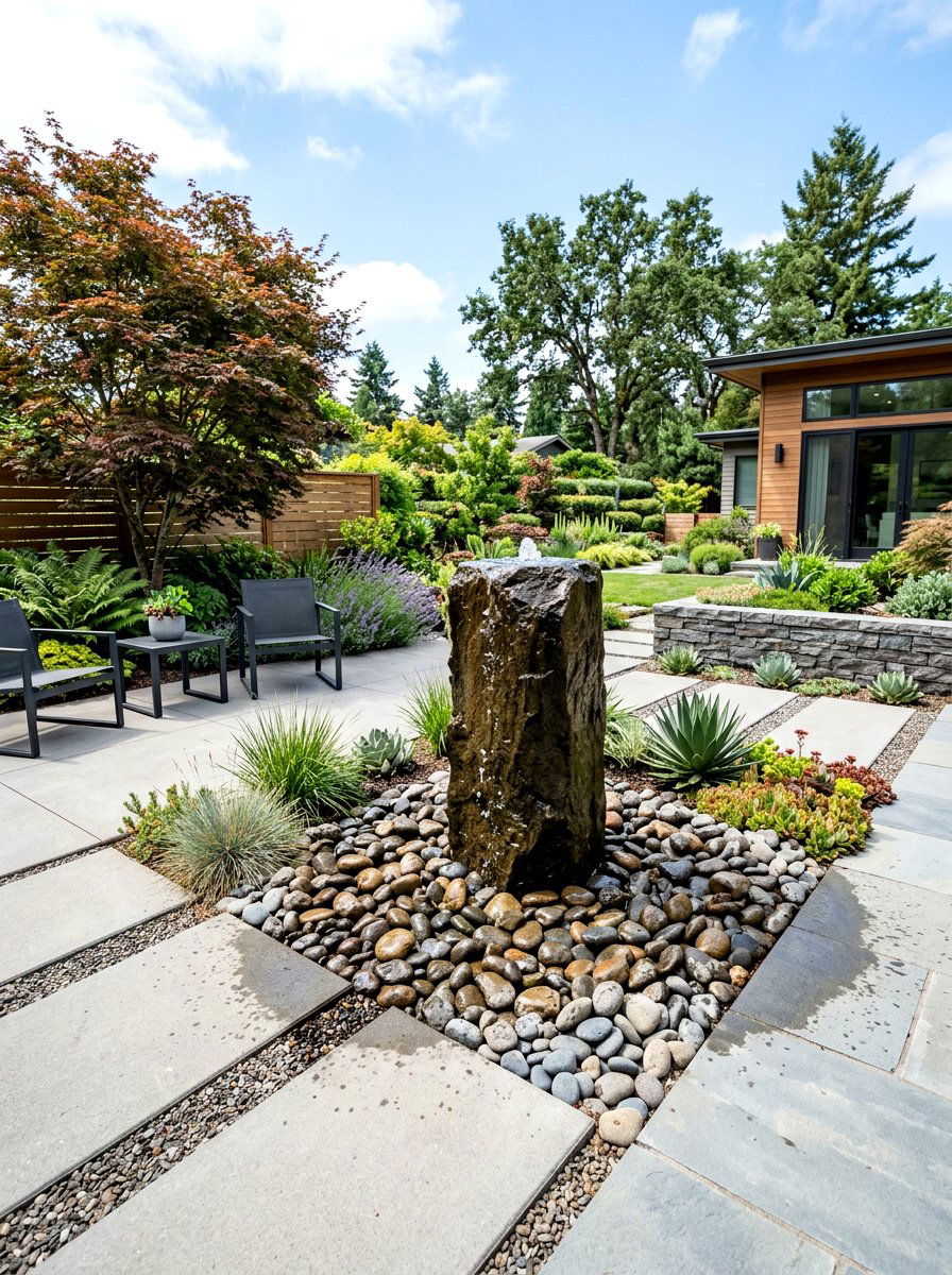 Minimalist stone fountain design - 30 warm minimalist garden ideas