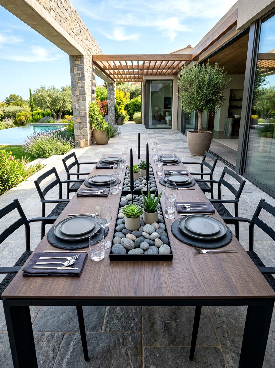 Minimalist stone patio setup - 30 summer patio tablescape ideas