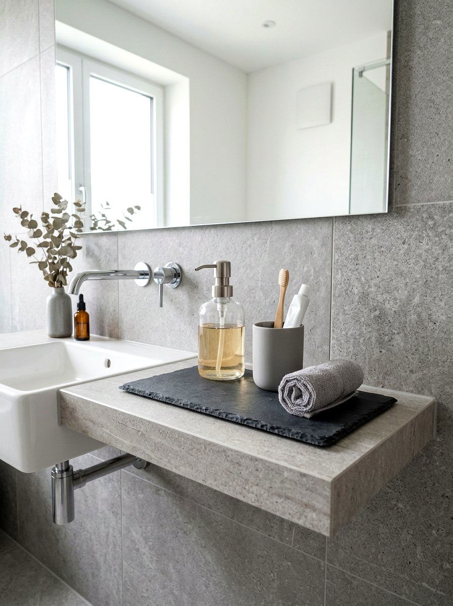 Minimalist stone tray - 30 spa shelf styling bathroom ideas
