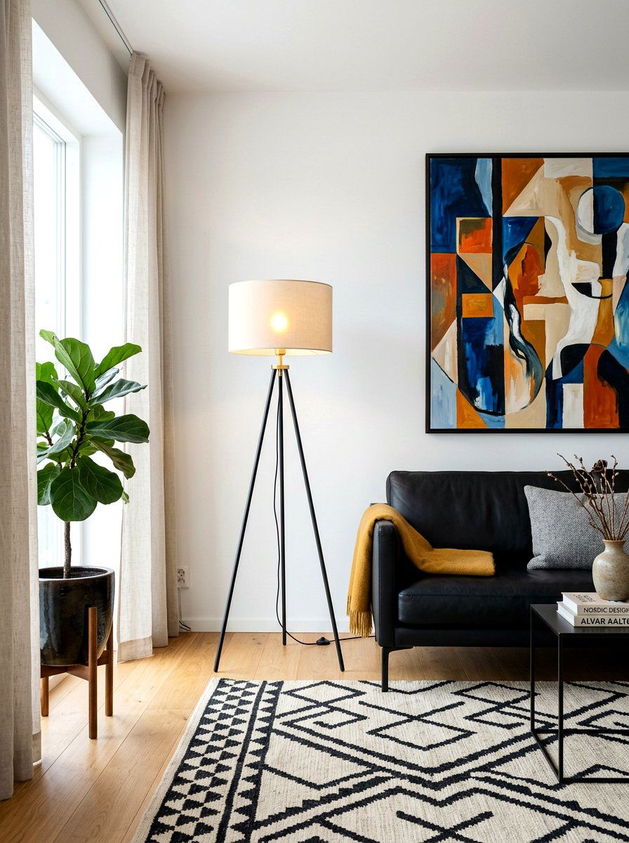 Minimalist tripod lamp - 30 cozy lamp lit living room ideas