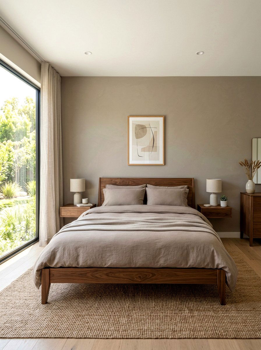Minimalist walnut bed with taupe walls - 30 taupe and walnut bedroom ideas
