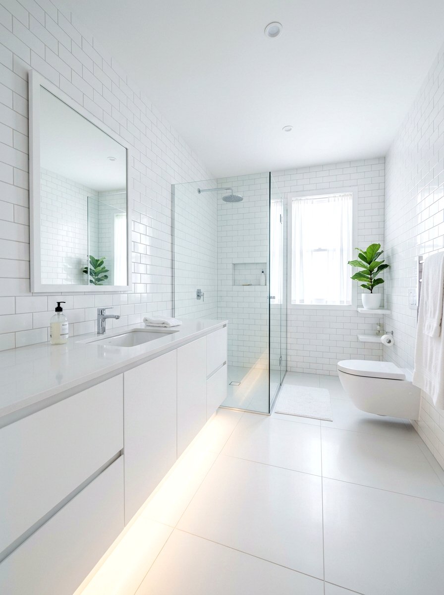 Minimalist white bathroom glow - 30 toe kick bathroom lighting ideas