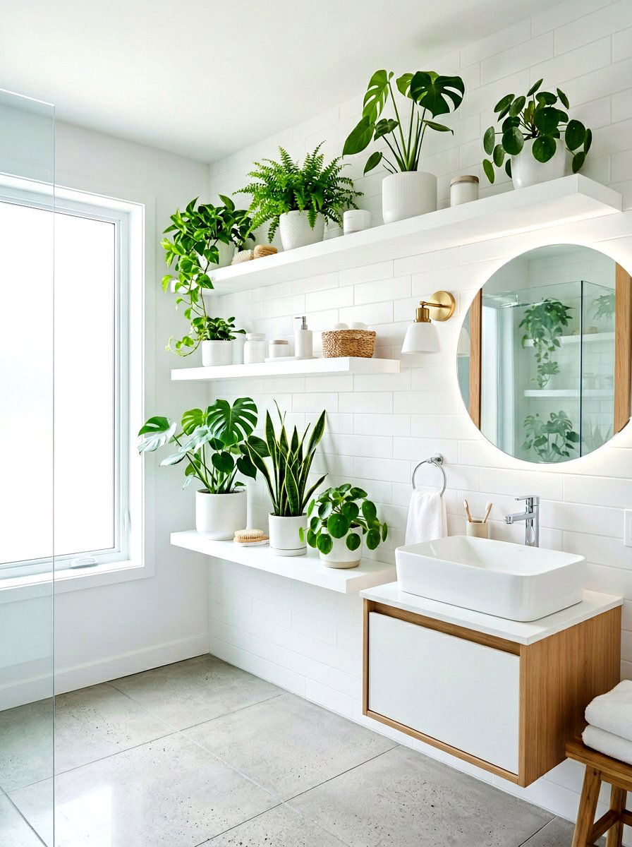 Minimalist white bathroom shelf - 30 bathroom plant shelf ideas