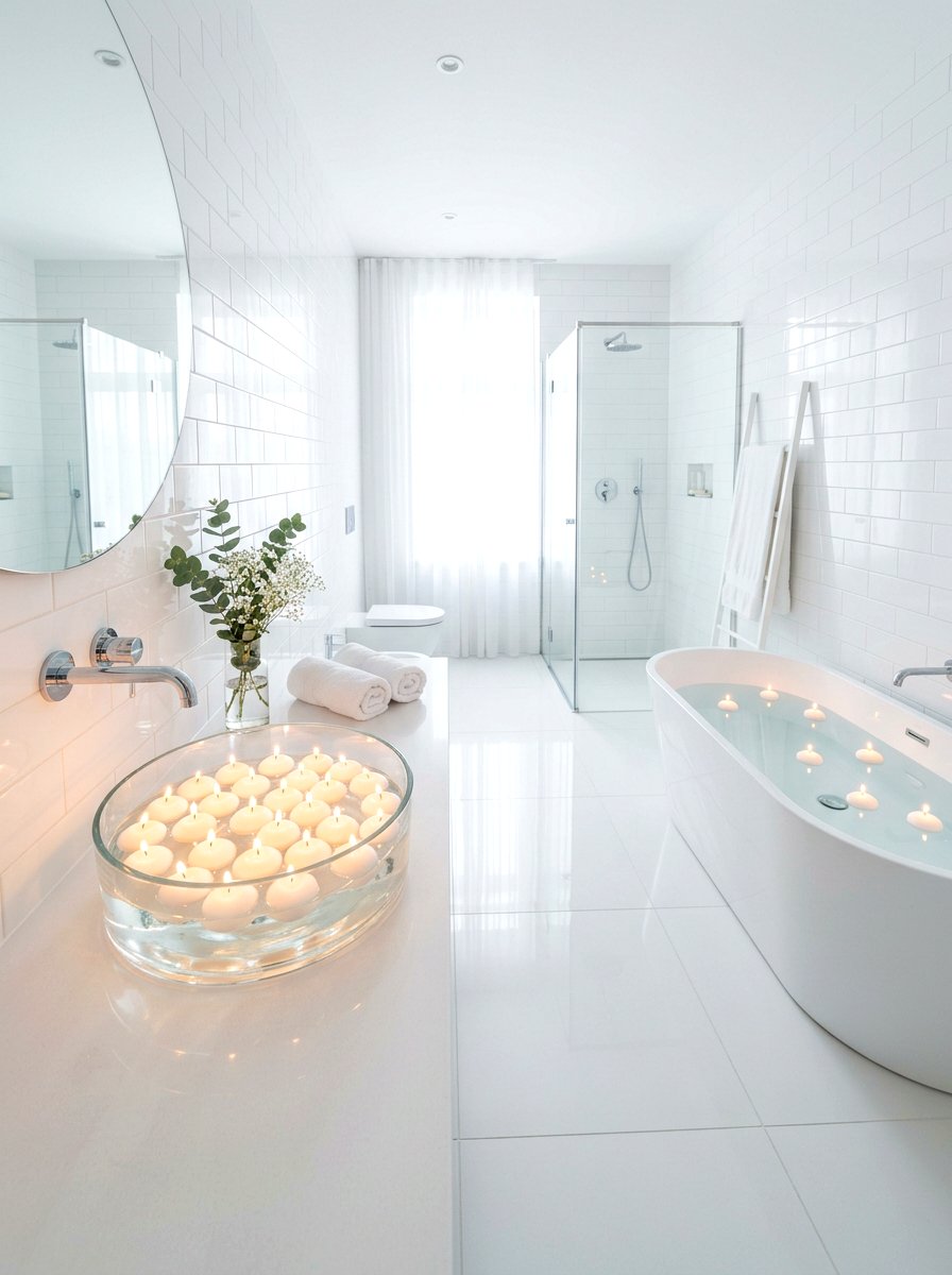 Minimalist white bathroom with floating candles - 30 candlelit bathroom ideas