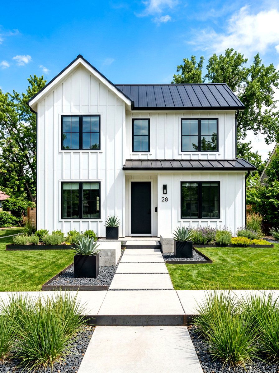 Minimalist white board and batten - 30 board and batten exterior trim ideas