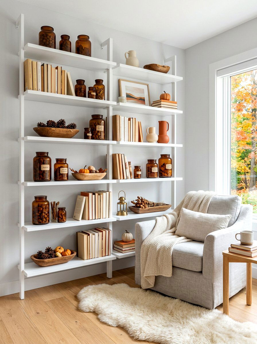 Minimalist white bookshelf fall - 30 cozy library fall ideas