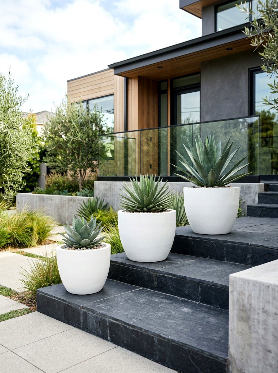 Minimalist white ceramic pots - 30 porch step planter ideas