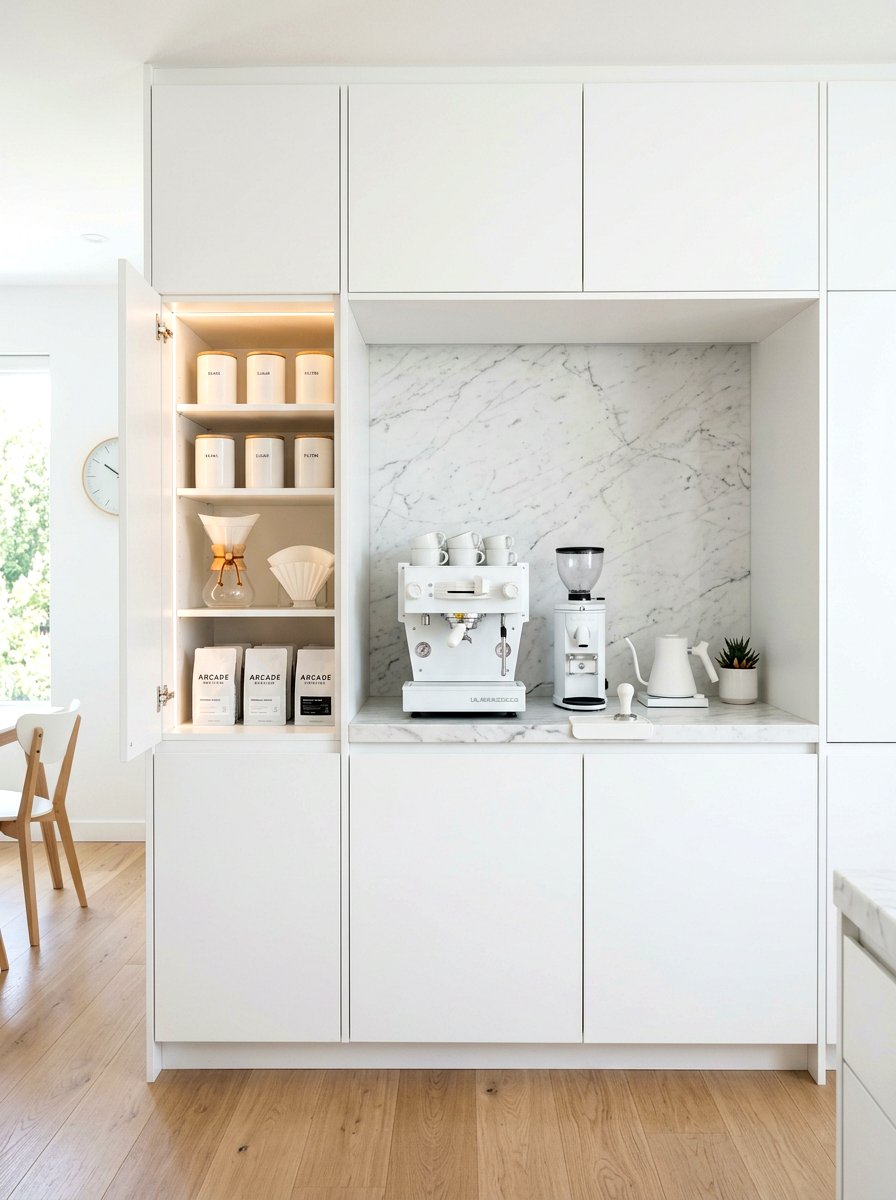 Minimalist white coffee station - 30 coffee pantry wall ideas
