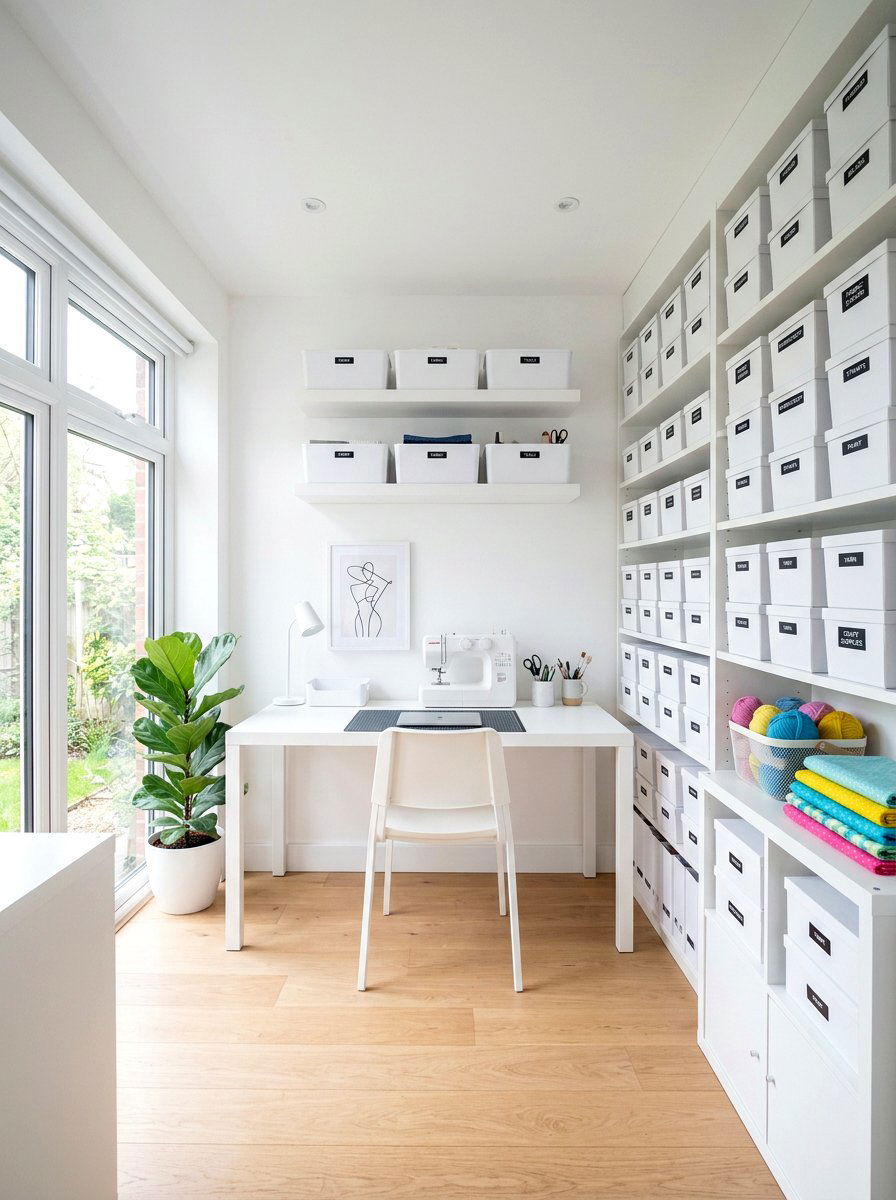 Minimalist white craft room - 30 kids craft room ideas