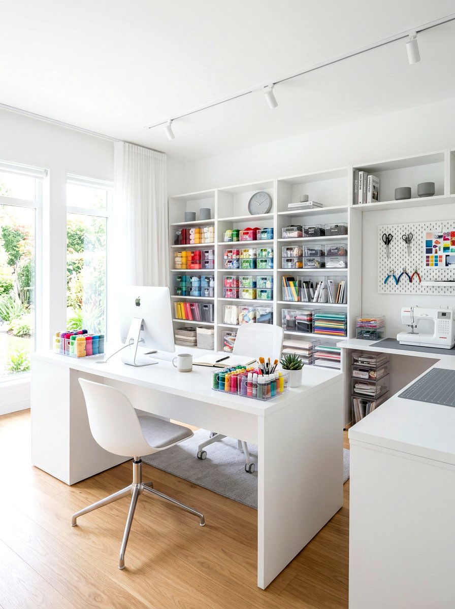 Minimalist white craft studio - 30 craft corner ideas