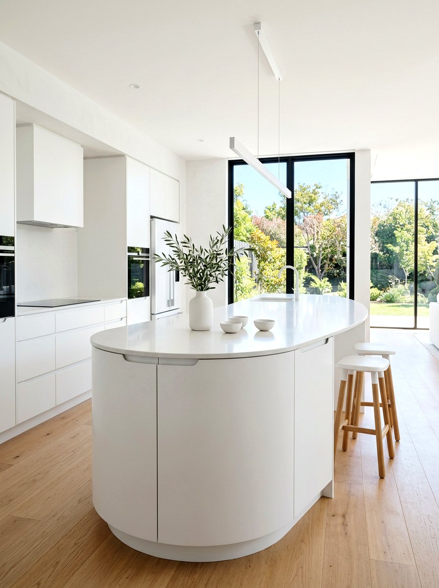 Minimalist white curved island - 30 curved kitchen island ideas