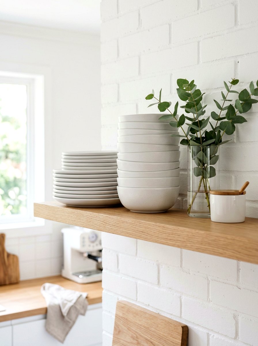 Minimalist white dishware - 30 open cabinet styling ideas