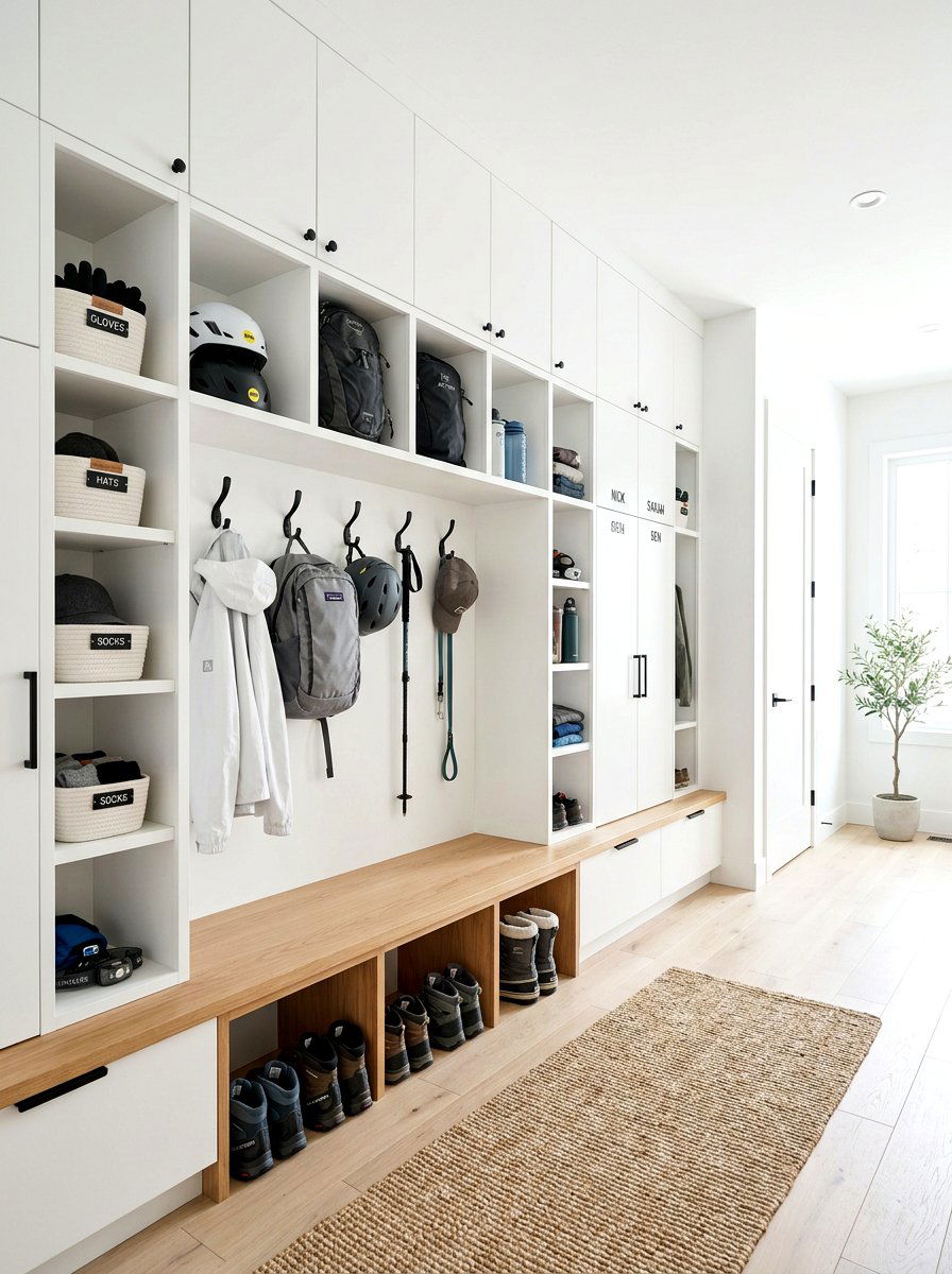 Minimalist white gear storage - 30 sports gear mudroom ideas