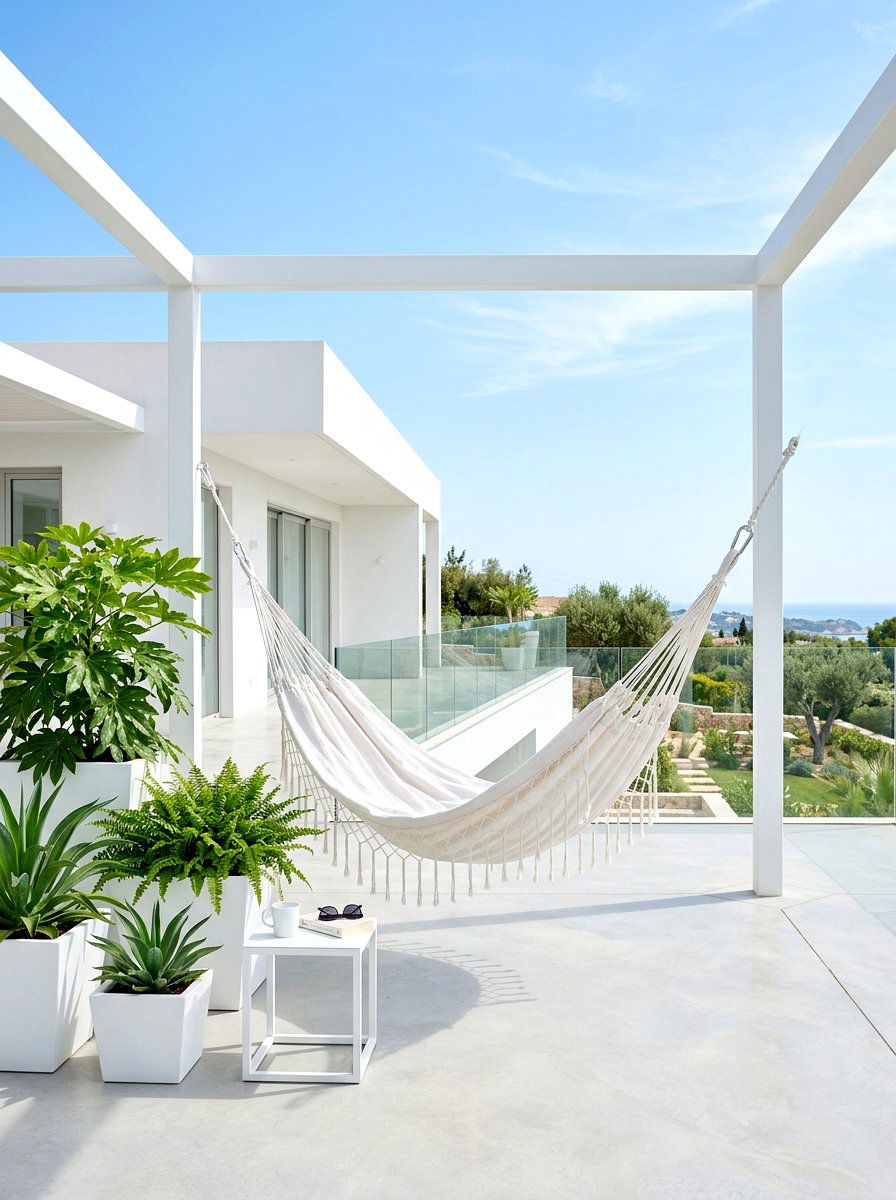 Minimalist white hammock area - 30 hammock garden corner ideas