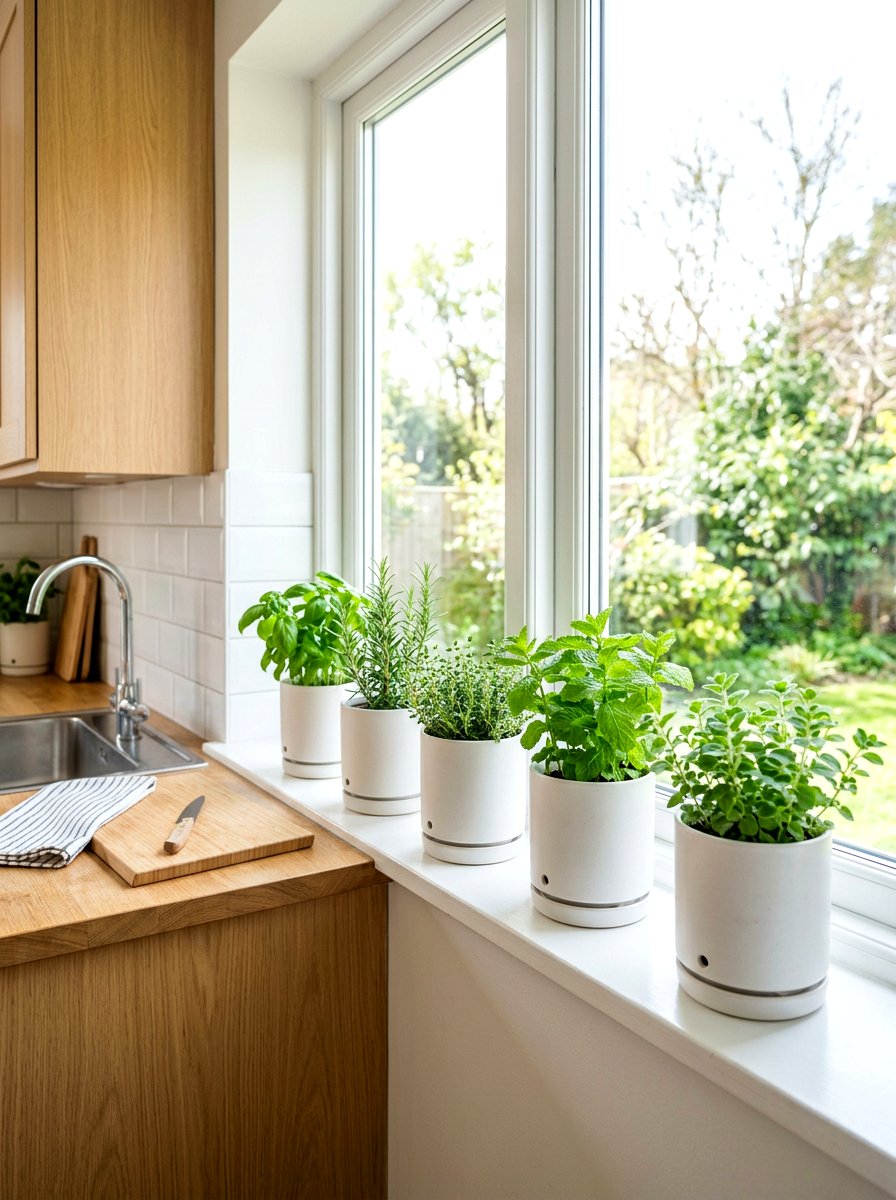 Minimalist white herb pots - 30 windowsill herb garden ideas