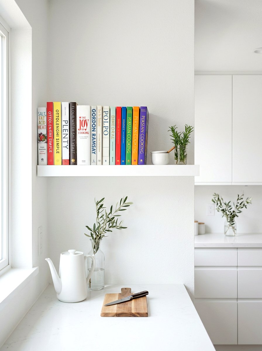 Minimalist white kitchen shelf - 30 cookbook shelf kitchen ideas
