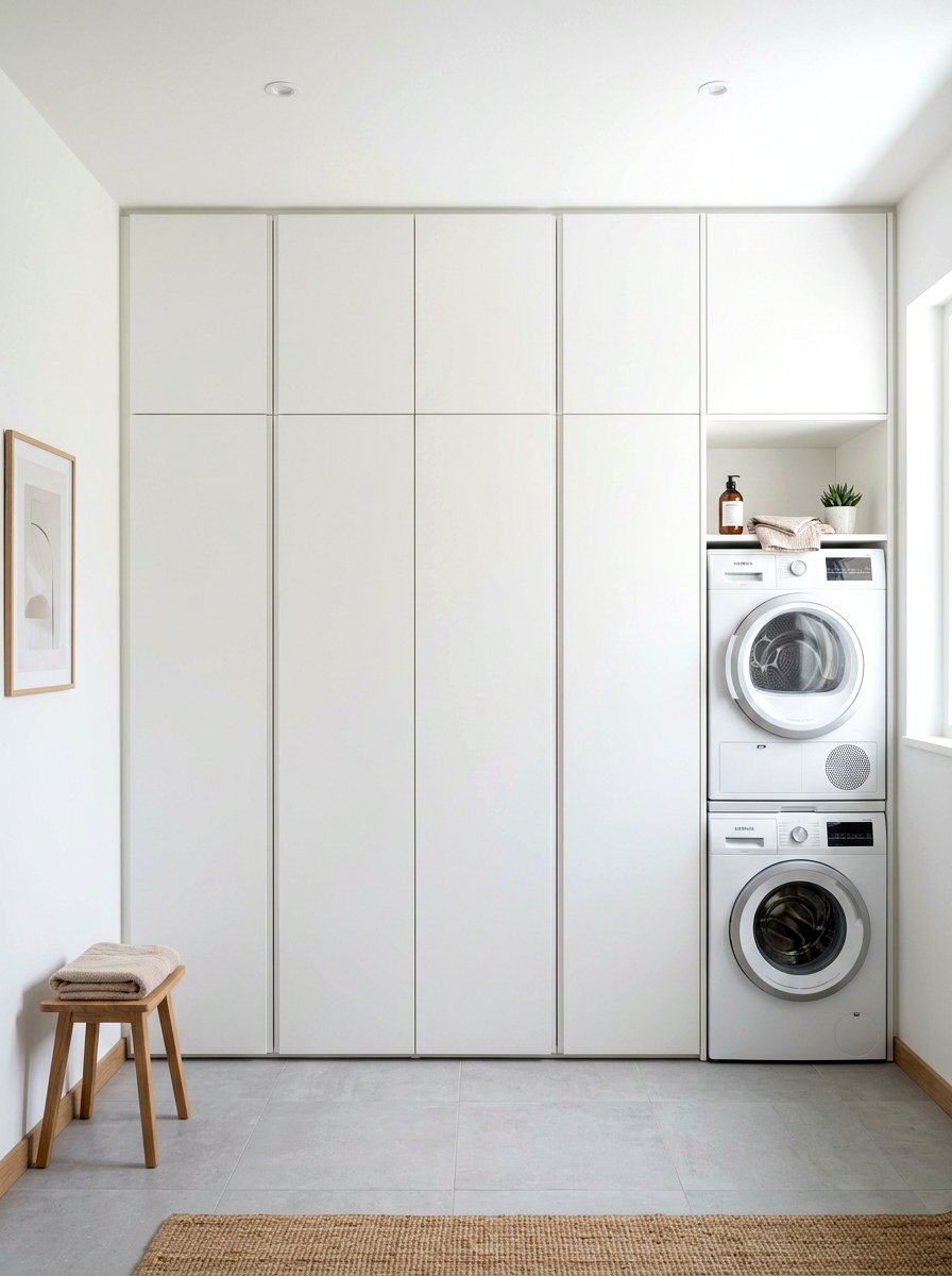 Minimalist white laundry cupboard - 30 washer dryer enclosure ideas