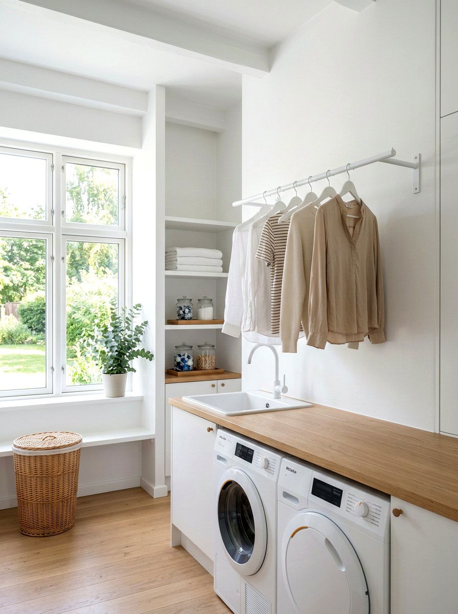 Minimalist white laundry rod - 30 laundry room hanging rod ideas