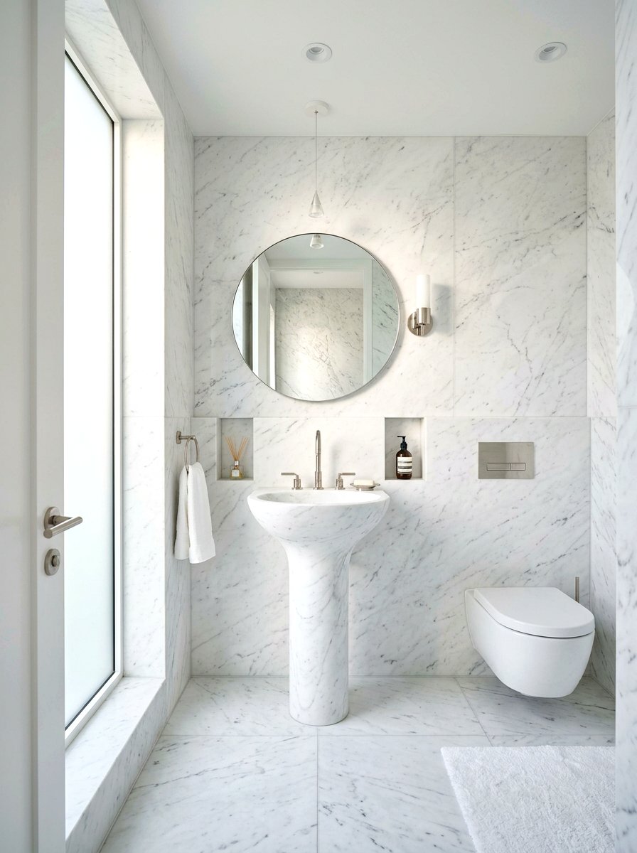 Minimalist white marble powder room - 30 jewel box powder room ideas
