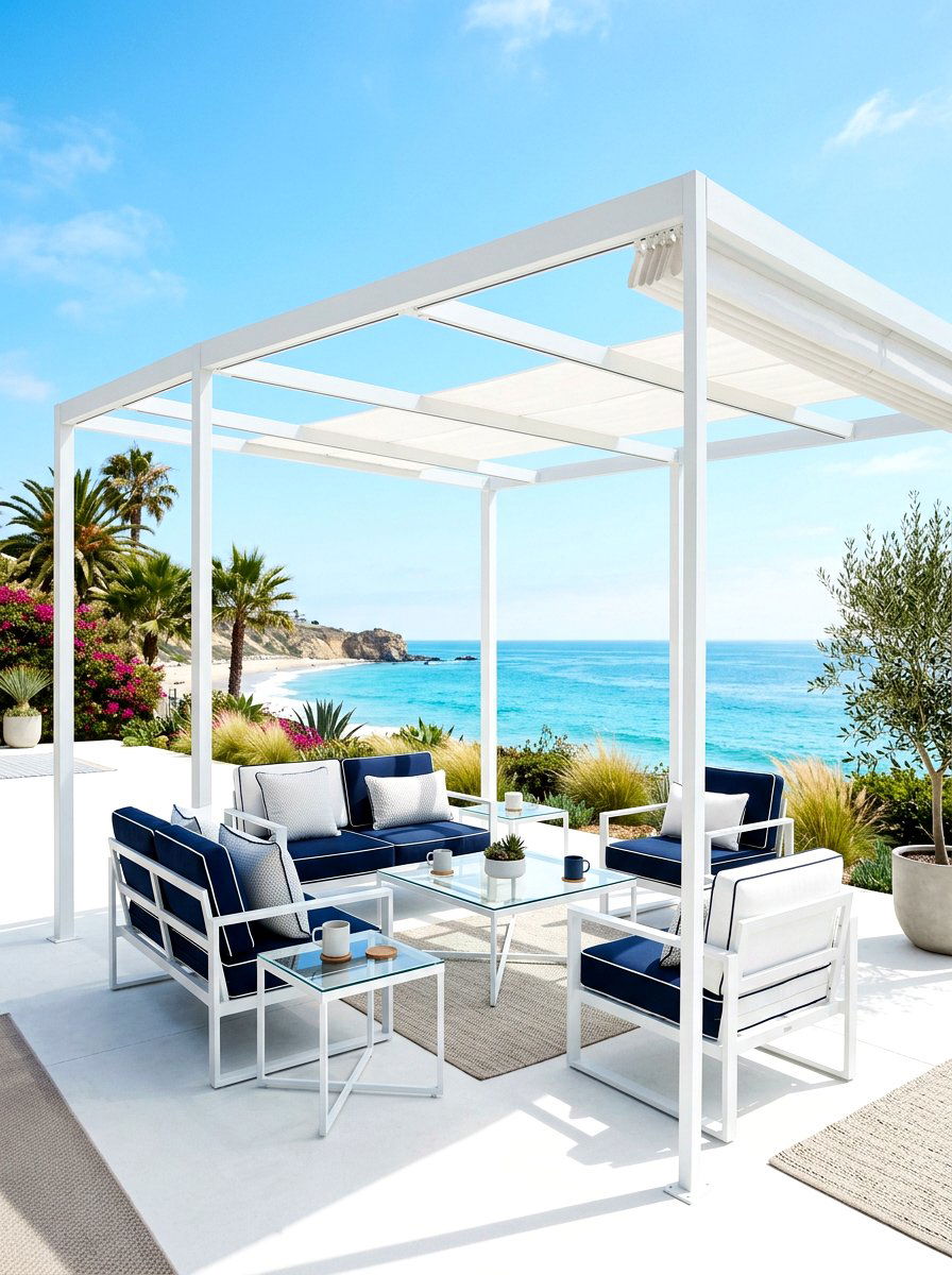 Minimalist white metal pergola - 30 pergola lounge patio ideas