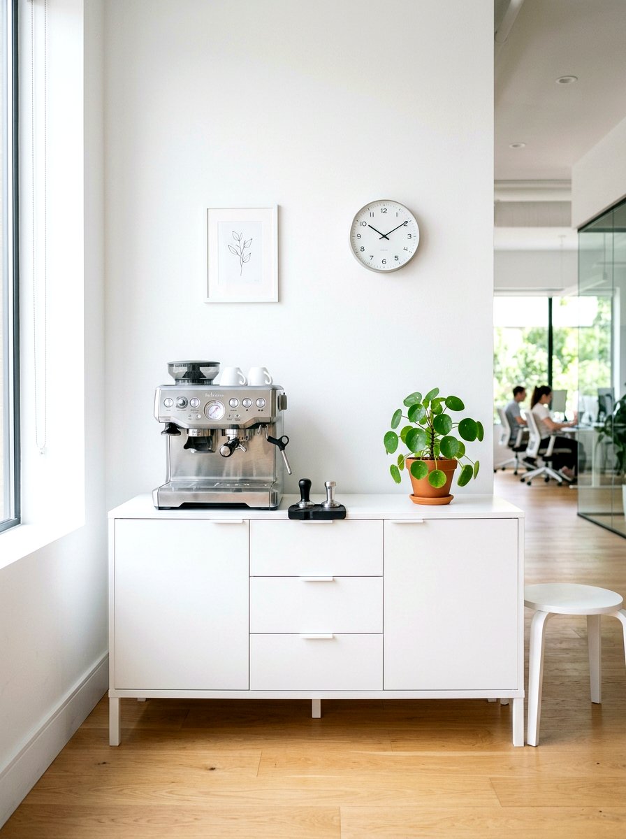 Minimalist white office coffee station - 30 office coffee corner ideas