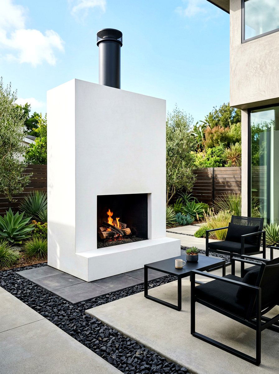 Minimalist white outdoor fireplace - 30 patio fireplace lounge ideas