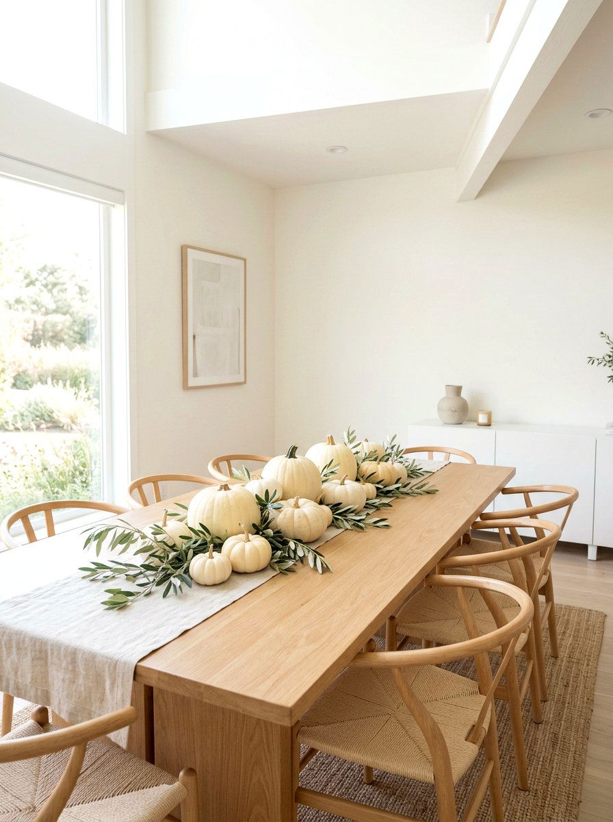 Minimalist white pumpkin theme - 30 fall dinner party home ideas