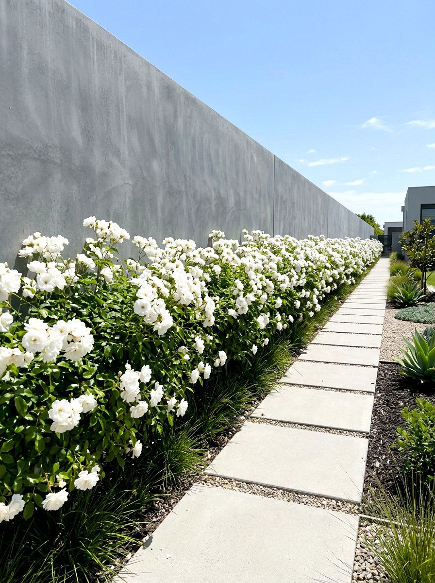 Minimalist white rose hedge - 30 rose hedge ideas
